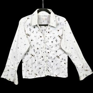 Antilia Femme Floral & Striped Print Shirt Collared Bell Sleeve Button Up Size M